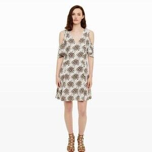 CLUB MONACO Floral Pernille White Gray Fit & Flare Cold Shoulder V-Neck Dress 0